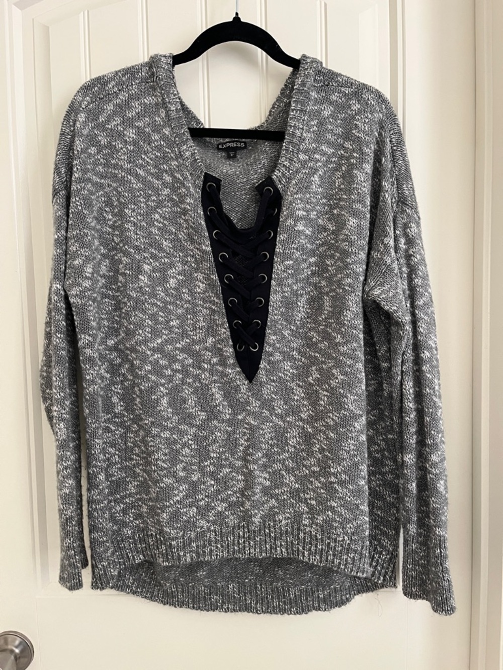 Express Gray Marled Lace-Up V-Neck Sweater with Black Detail